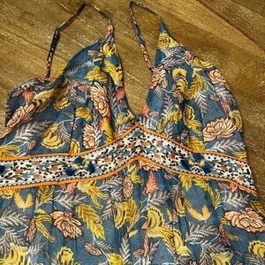 Blue Floral Spaghetti Strap Dress with Yellow & Peach Accents